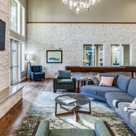 a living room with a fireplace