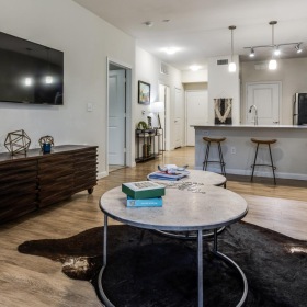 a living room with a tv and couches